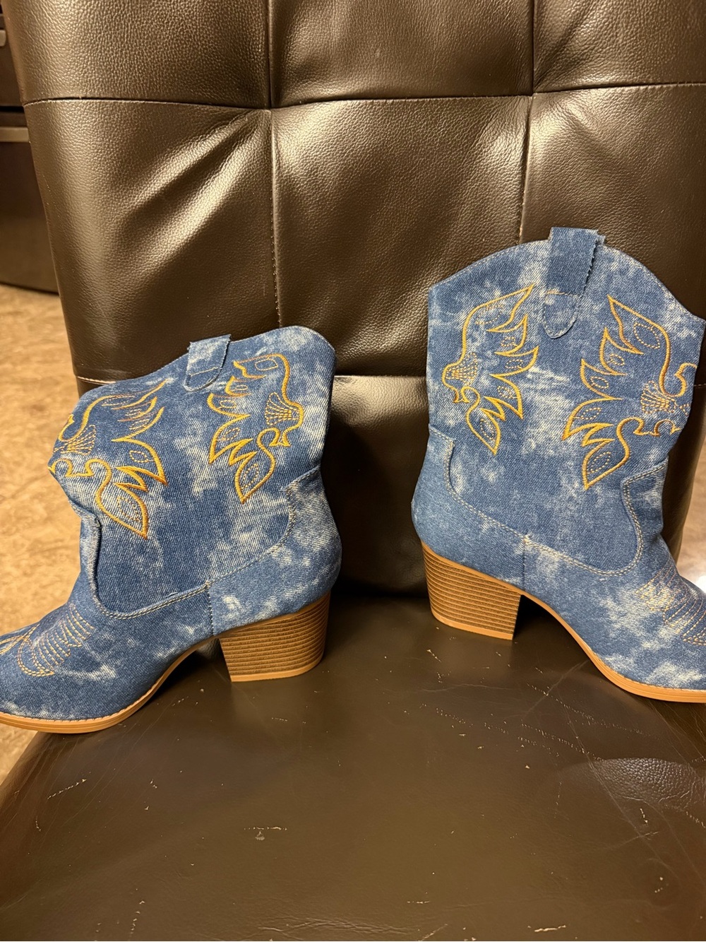 Women's Denim Blue Western Ankle Booties with Embroidered Detail